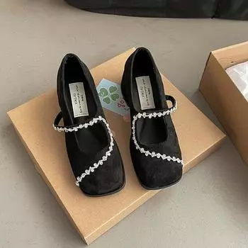 Retro square head rhinestone versatile Mary Jane shoes women s spring new with skirt shallow mouth high heel single shoes 35