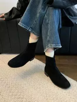 ~ Retro square head suede versatile thick heel heightened thin short boots women s autumn and winter large size 42 35