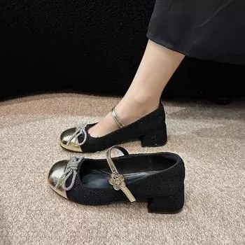 Retro Square Toe Chunky Heels Mary Jane Shoes 2024 Autumn New Color Matching Bow Chain Pumps Outdoor Dress Soft Ballet Shoes 35 бежевый
