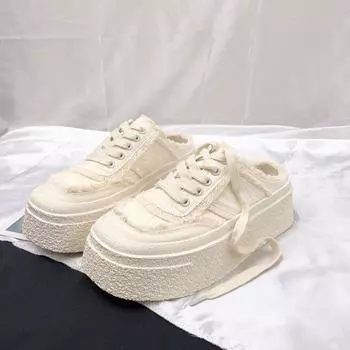 Ретро квадратный носок полутапочки без застежек женская летняя одежда для отдыха на открытом воздухе новая платформа увеличивающая рост парусиновая обувь для нищих 35