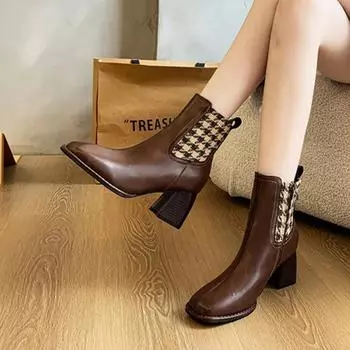 Retro Square Toe Women Shoes 2024 New Korean Style Fashionable Women s Thick Heel Boots Simple and Versatile Black Short Boots 35 чёрный