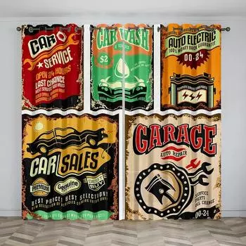 Retro Stamp Sticker Colorful Car Window Curtains in Kids Bedroom Living Room Hall Treatments Kitchen Decoration Drapes Blinds W50 X H130(CM)X2&Hook