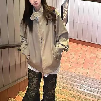 Retro Stand Collar Jacket for Women In Spring and Autumn New Loose Versatile Couple Style Khaki Work Jacket S