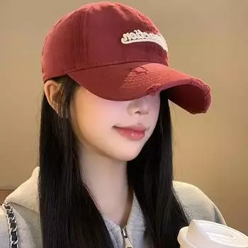Ретро старая рваная бейсболка женская широкополая кепка с мягким верхом большая окружность головы показывающая лицо маленькая красная шляпа One size бордовый