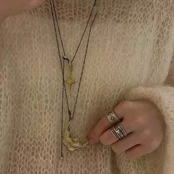 Ретро-старинная гравированная звезда и луна кулон ожерелье женская новая китайская стиль элегантная мода изысканная универсальная цепочка на шею цепочка на свитер