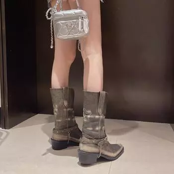 Ретро старые ковбойские сапоги с v-образным вырезом, заостренный ремень, декоративные короткие сапоги, полированные рыцарские сапоги, короткие сапоги с толстым каблуком 35 серый