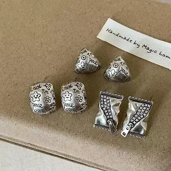 Ретро-старые серьги-гвоздики со смайликами, буквами и цветами из металла, женские нишевые дизайнерские серьги с чувством индивидуальности, простые универсальные серьги