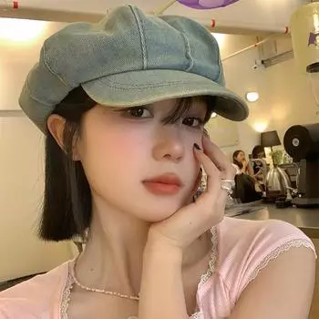 Ретро старый джинсовый берет женский летний большой обхват головы показывающий лицо маленькая универсальная восьмиугольная шляпа шляпа художника M56-58cm светло-синий