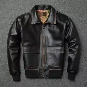 Ретро-старый летный костюм куртка мужская натуральная кожа мотоциклетный костюм кожаная куртка короткий верхний слой лацкан желтая коровья кожа куртка S чёрный