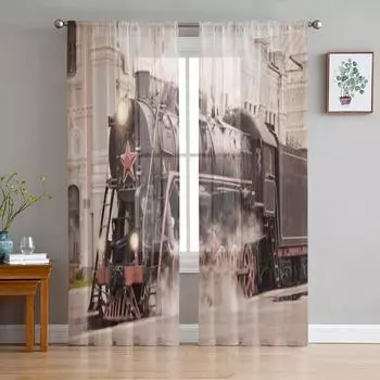 Ретро паровоз стоит на железнодорожной станции шифоновые прозрачные шторы для гостиной спальни окна вуали тюль занавеска 135W x 114H(cm)