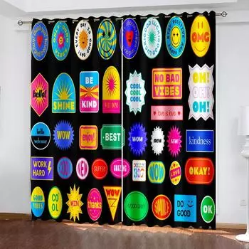 Retro Sticker Funny Comic Cartoon Blackout Window Curtain for Bedroom Living Room Bathroom Kicthen Door Thick High Shading New W55 X H120cm X 2&HOOK