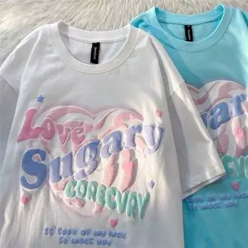 Ретро-стиль Чувство дизайна Милая футболка с круглым вырезом и принтом из пенопласта для мужчин и женщин Летняя модная тенденция Повседневный удобный топ для пар Harajuku S белый