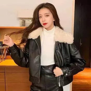 Ретро стиль Гонконга осенне-зимняя бархатная кожаная куртка черная куртка локомотив женская короткая куртка из овечьей шерсти с воротником очень толстая куртка прилив S recommends 85-45kg