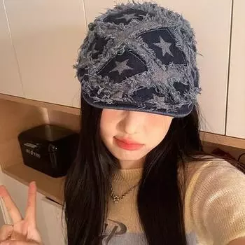 Ретро-стиль грубый край звезда джинсовый берет женский весна-лето мода универсальный большой обхват головы показать лицо маленькая шляпа газетчика M (56-58cm) Star Forward средний синий
