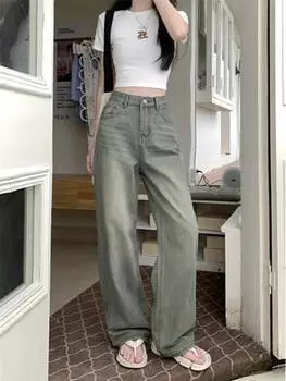 Ретро-стиль High Street Fashion Design Wide Leg Jeans Women 2024 Лето Новые Элегантные Прямые Длинные Брюки с Высокой Талией L