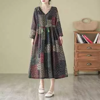 Ретро-стиль Этнический стиль Рами Платье средней длины для женщин Осенний стиль Длинные рукава Свободные утягивающие Длинные повседневные платья в западном стиле M зелёный