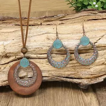 Ретро-стиль Этнический стиль Женская мода Комплект украшений Бронзовый цвет Круглое кольцо Подвеска из сплава Соответствующие зеленые потертые серьги-ремесленные серьги синий