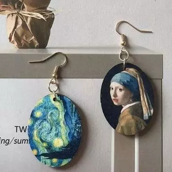 Ретро стиль картины маслом девушка овальные деревянные серьги для женщин
