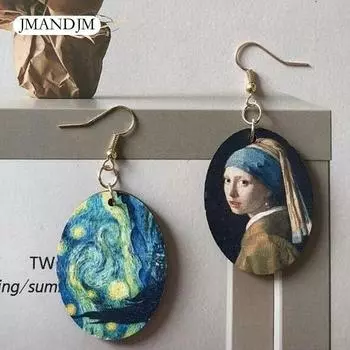 Ретро стиль картины маслом девушка овальные деревянные серьги для женщин