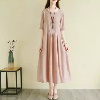 Ретро-стиль литературное хлопковое и льняное платье летнее длинное темпераментное льняное вышитое длинное юбка свободное Mori женщины M синий