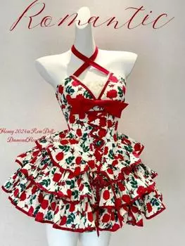 Ретро-стиль моды, сладкое, пикантное, розовое, сексуальное платье, кружевное, с ремешком на талии, свисающее, с шеей, платье-торт для женщин, шикарная одежда S красный