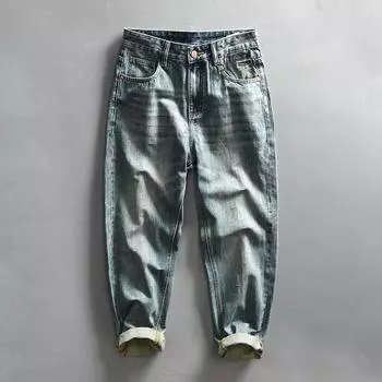 Ретро-стиль, синие потертые джинсы, мужские, весна-лето, повседневные, повседневные, джинсовые брюки, хлопковые, зауженные джинсы полной длины, модные мешковатые мужские джинсы 28 синий