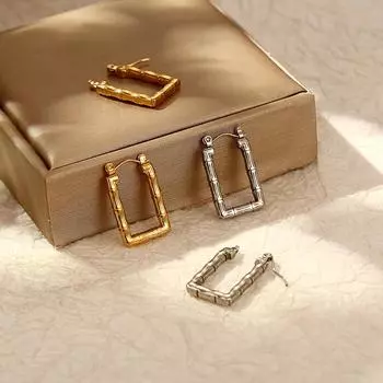 Ретро-стиль, высококачественные бамбуковые прямоугольные серьги из нержавеющей стали, простые модные женские серьги 18 карат