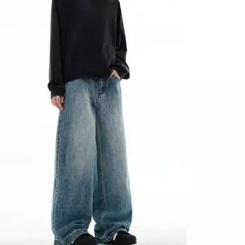 Ретро-стираемые синие прямые джинсы для мужчин и женщин, широкие универсальные свободные повседневные брюки 2XL