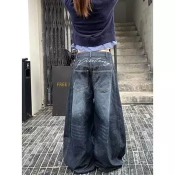 Ретро-стирающиеся джинсы Scimitar Y2K, женская мода, уличный дизайн, мешковатые джинсы, универсальные широкие брюки Harajuku для мытья полов S синий