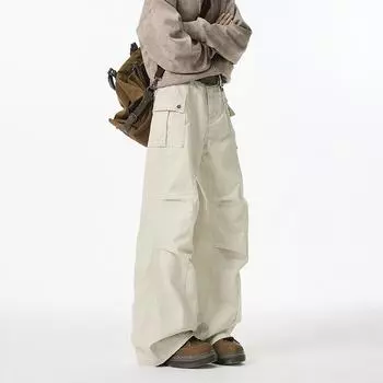 Ретро стирка и старые рабочие брюки для мужчин и женщин Весенние свободные плиссированные прямые повседневные брюки Хайстрит микро-клеш S