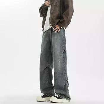 Retro Straight Jeans American High Street Men s Spring and Summer Loose Wide-leg Casual and Versatile Loose Trousers S