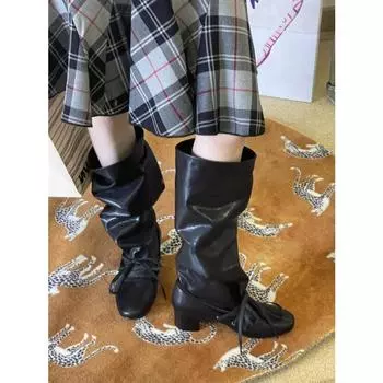 Retro strap new niche design pants boots thick heel thick sole boots but knee pointed lace-up knight boots 35