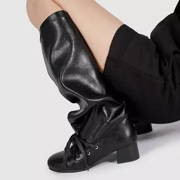 Retro strap niche design pants boots thick heel platform boots but knee lace-up knight boots 35