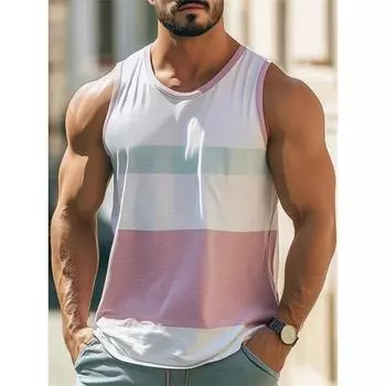 Retro striped pattern men s vest for summer casual daily wear, simple and fashionable 3D printed vest, loose and breathable O-neck top S