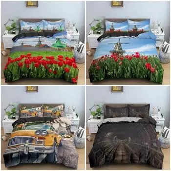 Retro Style Bedding Set King Duvet Cover Bedroom Decor Traditional Dutch Windmills Vintage Rails And Cars Bedclothes 70x133cm 2pcs