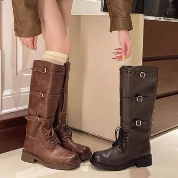 Женские сапоги в стиле ретро из коричневой кожи с пряжкой на ремешке, в стиле вестерн, на платформе, с квадратным каблуком, с круглым носком, длиной до колена 35