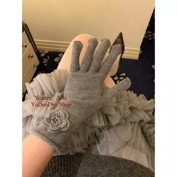 Retro Style Christmas New Year Red Handmade Rose Knitted Gloves Women Korean Style Autumn and Winter Warm Five Fingers Touch Screen Classy Gray