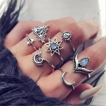 Retro style combination ring set Bohemian vacation style metal crystal ring mix and match personalized tail ring