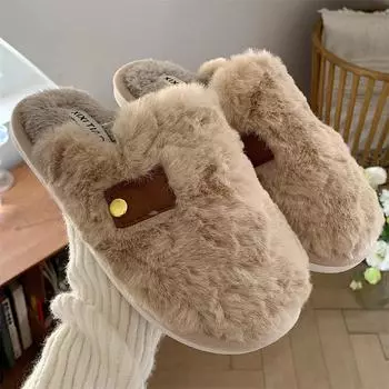 Retro style indoor leisure warm wrap-around head cotton slippers women s winter home with fur soft bottom shoes 36-37 хаки