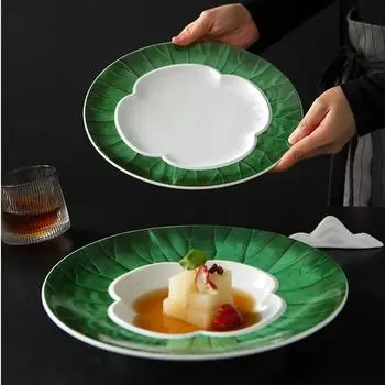 Retro Style Lotus Leaf Ceramic Plate Creative Restaurant Circular Deep Plates Delicious Dishes Light Luxury Household Tableware