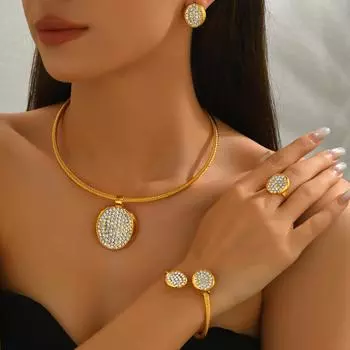 Retro style necklace earrings set geometric inlaid rhinestone design round brand pendant collarbone chain bracelet