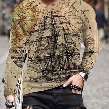 Мужская повседневная удобная футболка с длинным рукавом в стиле ретро с принтом парусника 3D Digital, графическая одежда весна-лето-осень, топы для мужчин, подарок S