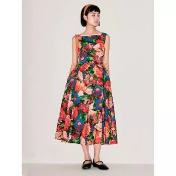 Retro Style Tana Cotton Dress Women s Summer New Arrival Shoelace Printed Waist-Controlled Oil Painting Square Collar Vest Chinese Long Skirt Impressionist Sunset Orange Flower M