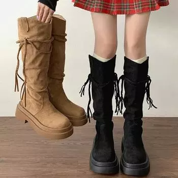 Женские сапоги в стиле ретро с кисточками в стиле вестерн, модные туфли без застежек на осень-зиму на толстом каблуке, женские длинные сапоги в стиле рыцаря 35