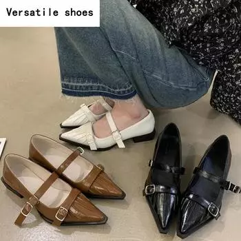 Retro Style Thick Heel Women Mary Jane Shoes Fashion Shallow Pointed Toe Single Shoes Ladies Comfort Office Pumps 35