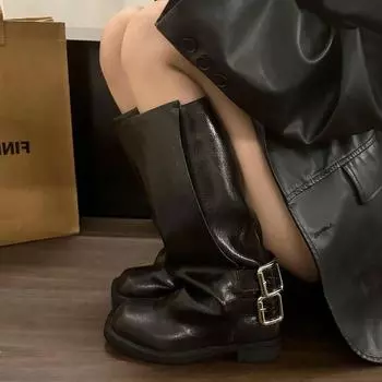 Женские сапоги до колена в стиле ретро, модные туфли с пряжкой на ремне, осень-зима, толстый каблук, женские длинные сапоги в рыцарском стиле 35