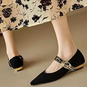 Retro Style Women Mary Jane Shoes Fashion Serpentine Band Thin Low Heel Shallow Pointed Toe Single Shoes Ladies Office Pumps 35 чёрный