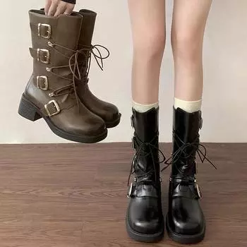 Retro Style Women Mid Calf Boots Fashion Belt Buckle Shoes Autumn Winter Thick Heel Ladies Western Cowgirl Booties 35