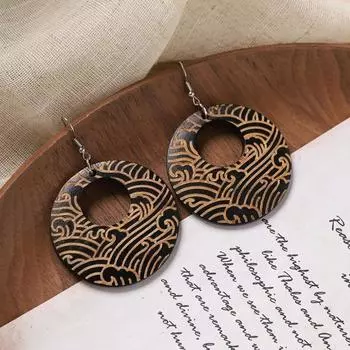 Retro style wood carved earrings niche design round earrings femininity literary earrings