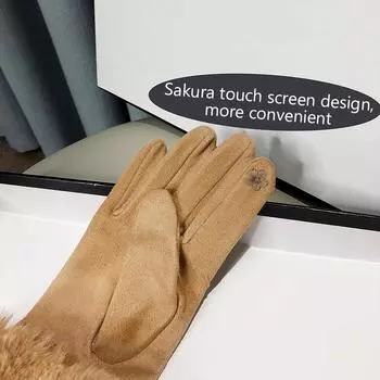 Retro Suede Winter Fleece-Lined Gloves Plaid Keep Warm Touch Screen Gloves Plush Windproof Women Cycling Mittens Outdoor бежевый